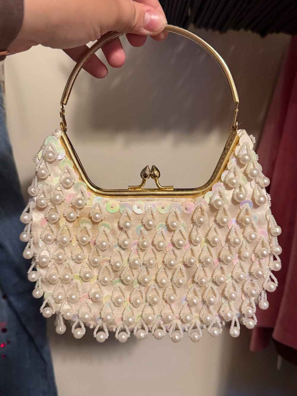 Pearl & Sequin Cream Mini Top-Handle Bag